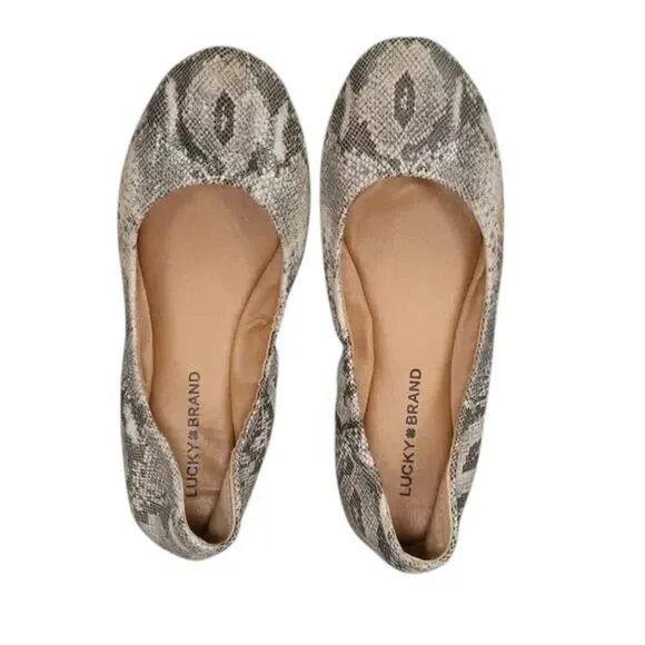 Lucky Brand Shoes Womens 8.5 Ballet Flats Slip On Emmie Leather Snake Print Grey