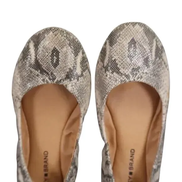 Lucky Brand Shoes Womens 8.5 Ballet Flats Slip On Emmie Leather Snake Print Grey