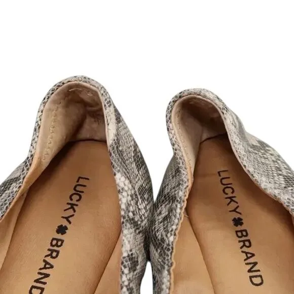 Lucky Brand Shoes Womens 8.5 Ballet Flats Slip On Emmie Leather Snake Print Grey