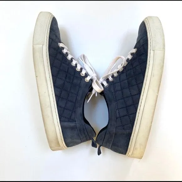 M. Gemi Quilted Suede Navy Blue Low Top Leather Sneakers Made in Italy 38