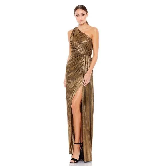 MAC DUGGAL METALLIC DRAPED ONE SHOULDER GRECIAN EVENING DRESS Size 10