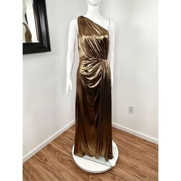 MAC DUGGAL METALLIC DRAPED ONE SHOULDER GRECIAN EVENING DRESS Size 10