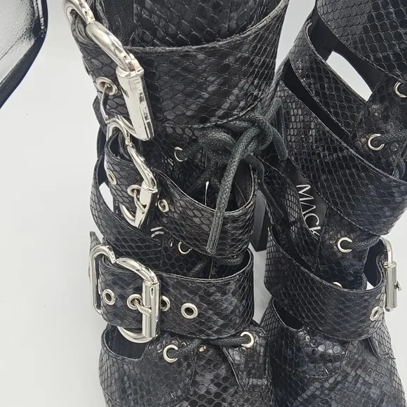 Mackin J Shoes Black Snake Lace Up and Buckle Ankle bootie size 7.5