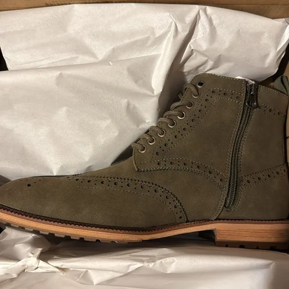 Madden Mens Olive Green Brogue Lace-up Wingtip Zip-up Boots, Size 10, NIB