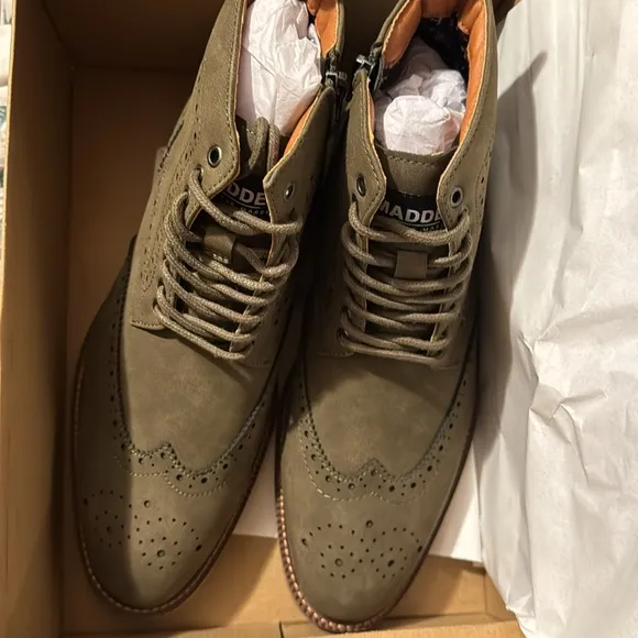 Madden Mens Olive Green Brogue Lace-up Wingtip Zip-up Boots, Size 10, NIB