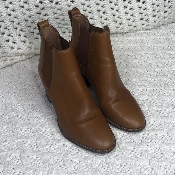 Madewell Regan Boots, Saddle Brown Leather, Pull-On Booties, Block Heel Size 8.5