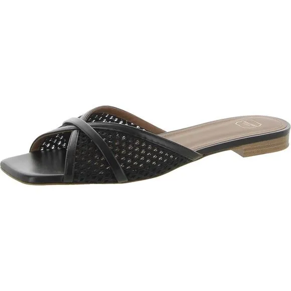 Malone Souliers Womens Perla Black Leather Peep-Toe Slide Sandals Shoes New