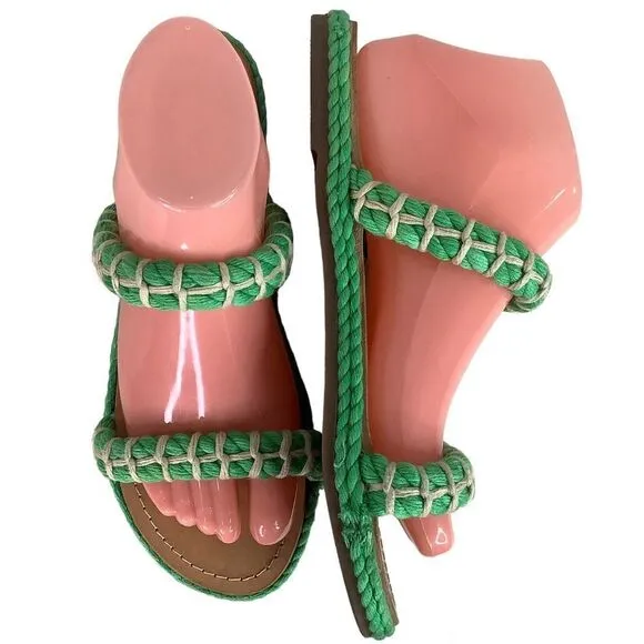 Manebi Espadrilles Slip On GreenTextile Tan Leather Flat Women’s Sandals Sz 8