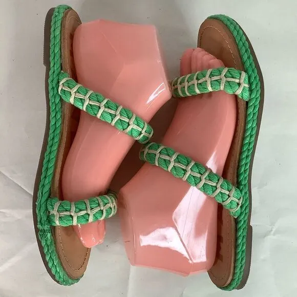 Manebi Espadrilles Slip On GreenTextile Tan Leather Flat Women’s Sandals Sz 8