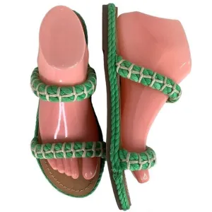 Manebi Espadrilles Slip On GreenTextile Tan Leather Flat Women’s Sandals Sz 8