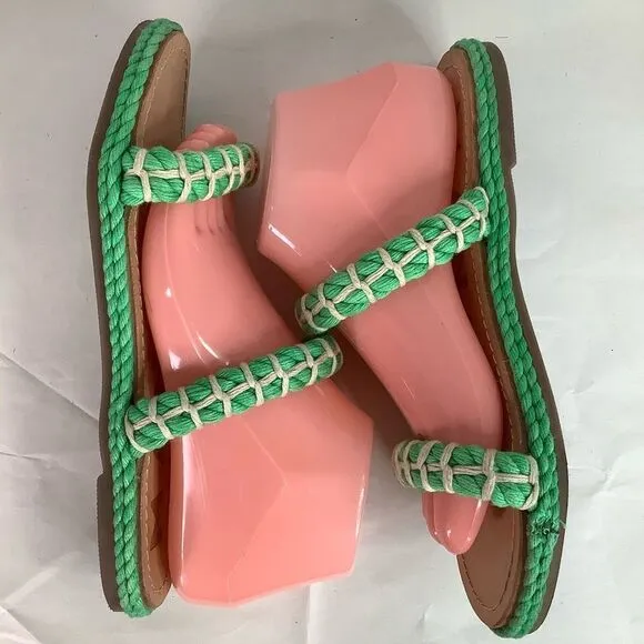 Manebi Espadrilles Slip On GreenTextile Tan Leather Flat Women’s Sandals Sz 8