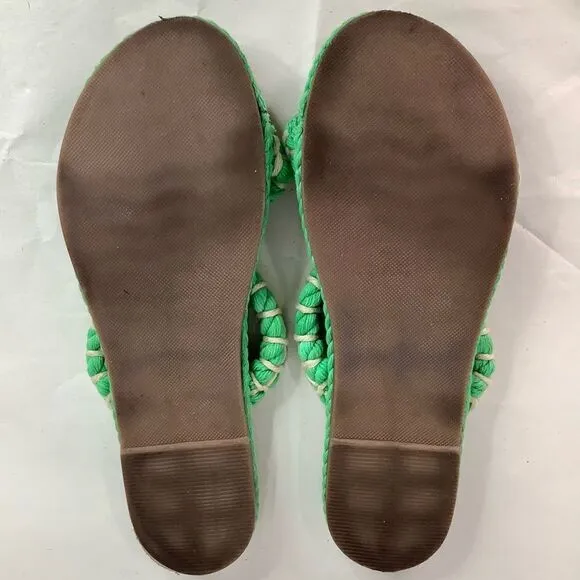 Manebi Espadrilles Slip On GreenTextile Tan Leather Flat Women’s Sandals Sz 8