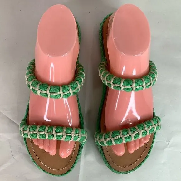 Manebi Espadrilles Slip On GreenTextile Tan Leather Flat Women’s Sandals Sz 8