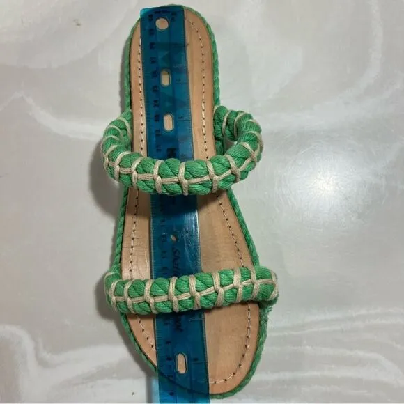 Manebi Espadrilles Slip On GreenTextile Tan Leather Flat Women’s Sandals Sz 8