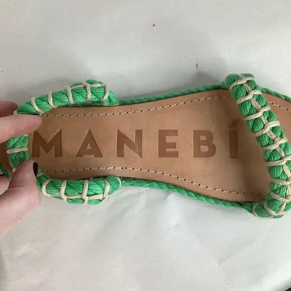 Manebi Espadrilles Slip On GreenTextile Tan Leather Flat Women’s Sandals Sz 8