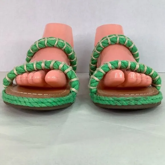 Manebi Espadrilles Slip On GreenTextile Tan Leather Flat Women’s Sandals Sz 8