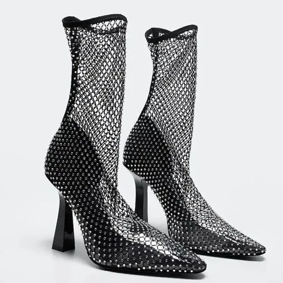 Mango Mesh Heel Ankle Boots New
