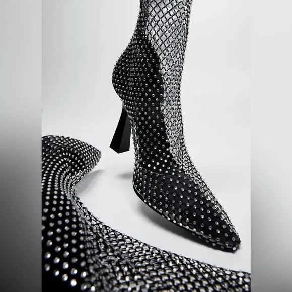 Mango Mesh Heel Ankle Boots New