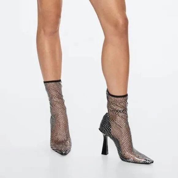 Mango Mesh Heel Ankle Boots New