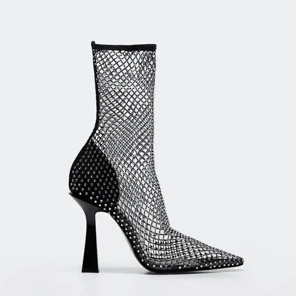 Mango Mesh Heel Ankle Boots New
