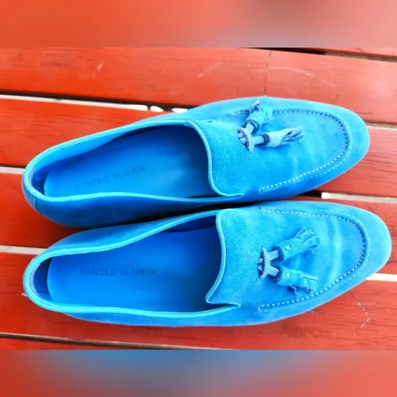 Manolo Blahnik Aquamarine suede Chester loafers
