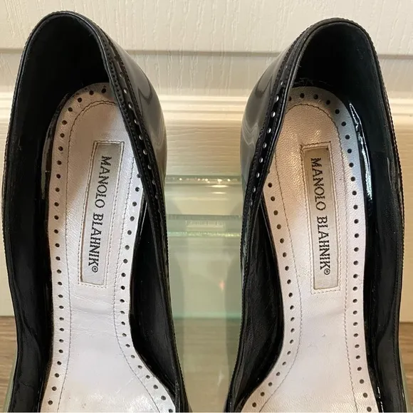 Manolo Blahnik Charlado Black Patent Leather Peep Toe D'orsay Heel Pumps Sz. 6.5