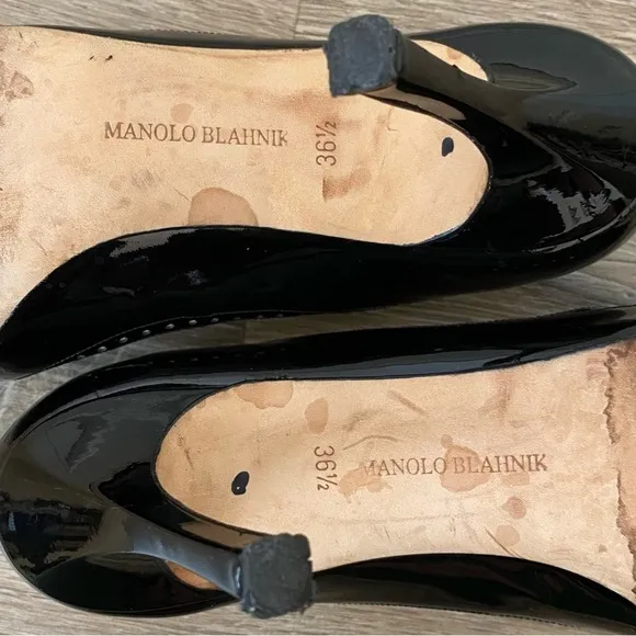 Manolo Blahnik Charlado Black Patent Leather Peep Toe D'orsay Heel Pumps Sz. 6.5