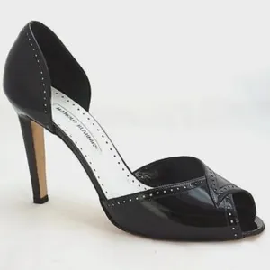 Manolo Blahnik Charlado Black Patent Leather Peep Toe D'orsay Heel Pumps Sz. 6.5