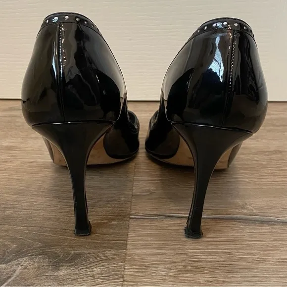 Manolo Blahnik Charlado Black Patent Leather Peep Toe D'orsay Heel Pumps Sz. 6.5