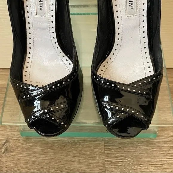 Manolo Blahnik Charlado Black Patent Leather Peep Toe D'orsay Heel Pumps Sz. 6.5