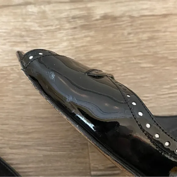 Manolo Blahnik Charlado Black Patent Leather Peep Toe D'orsay Heel Pumps Sz. 6.5