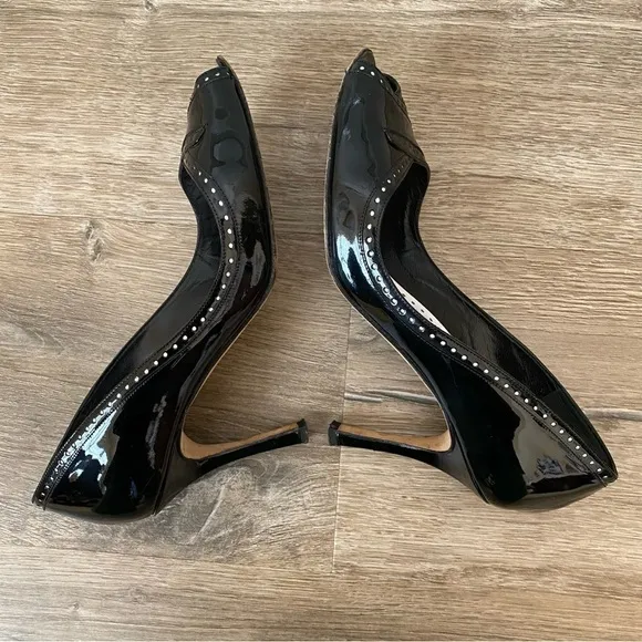 Manolo Blahnik Charlado Black Patent Leather Peep Toe D'orsay Heel Pumps Sz. 6.5