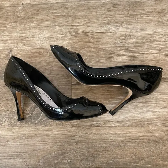 Manolo Blahnik Charlado Black Patent Leather Peep Toe D'orsay Heel Pumps Sz. 6.5
