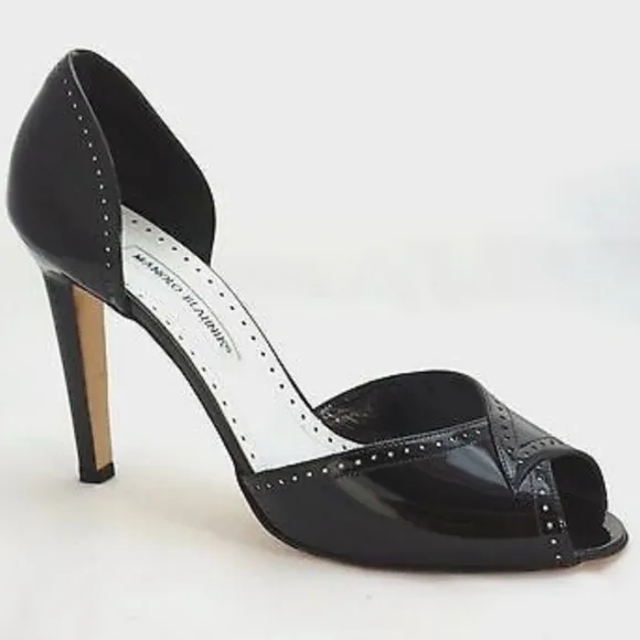 Manolo Blahnik Charlado Black Patent Leather Peep Toe D'orsay Heel Pumps Sz. 6.5