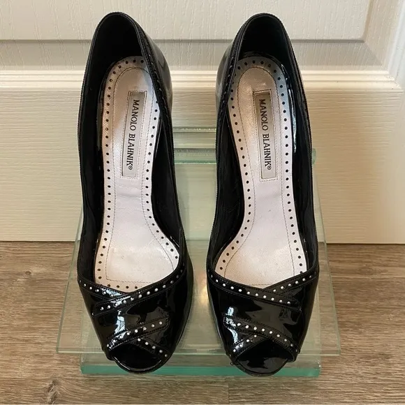 Manolo Blahnik Charlado Black Patent Leather Peep Toe D'orsay Heel Pumps Sz. 6.5