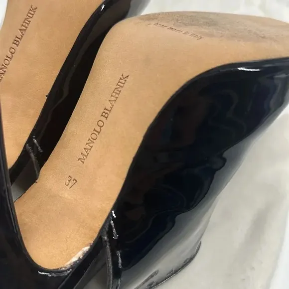 Manolo Blahnik Heeled Bootie Black Patent Leather Peep Toe Lace Up Back 37