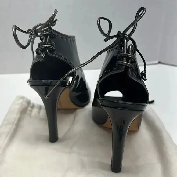 Manolo Blahnik Heeled Bootie Black Patent Leather Peep Toe Lace Up Back 37