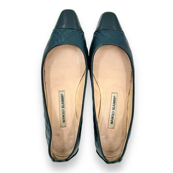 Manolo Blahnik Navy &amp; Black Quilted Ballet Flats sz 37.5