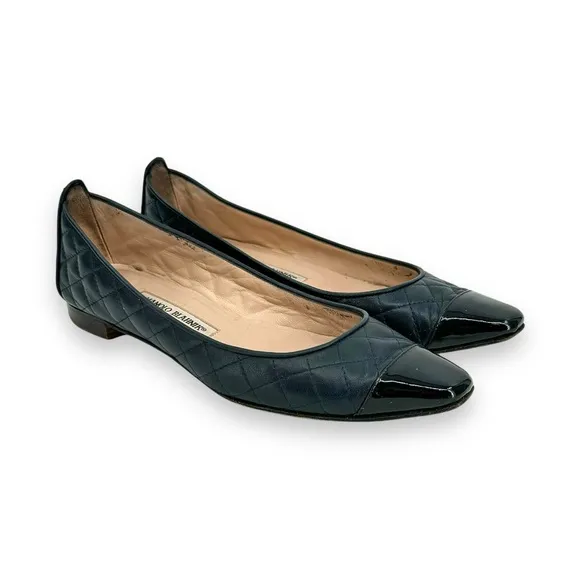 Manolo Blahnik Navy &amp; Black Quilted Ballet Flats sz 37.5