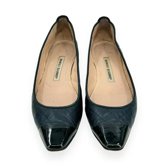 Manolo Blahnik Navy &amp; Black Quilted Ballet Flats sz 37.5
