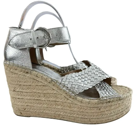 Marc Fisher Aylon Metallic Silver Espadrille Wedge Platform Sandals Size 9.5