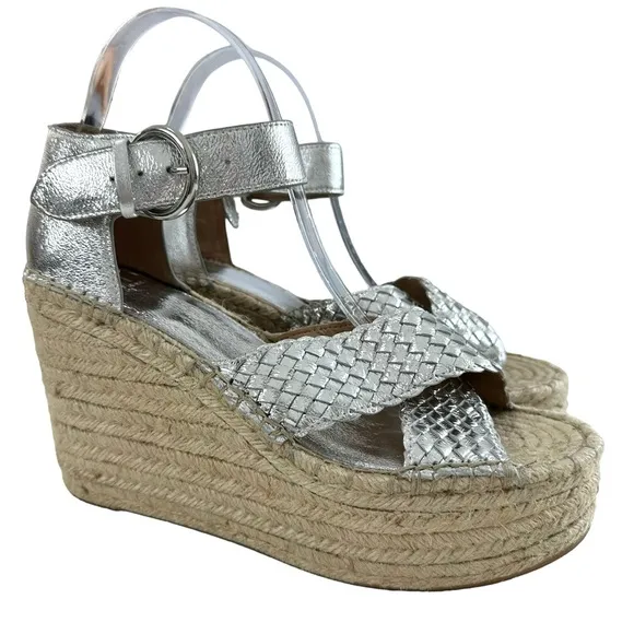 Marc Fisher Aylon Metallic Silver Espadrille Wedge Platform Sandals Size 9.5