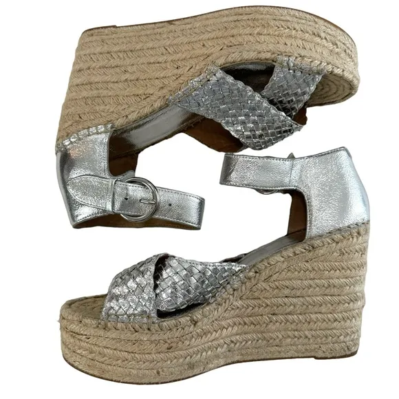 Marc Fisher Aylon Metallic Silver Espadrille Wedge Platform Sandals Size 9.5