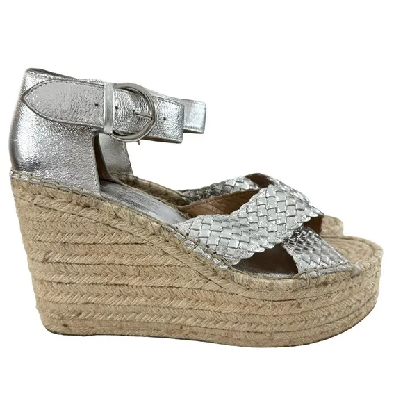 Marc Fisher Aylon Metallic Silver Espadrille Wedge Platform Sandals Size 9.5