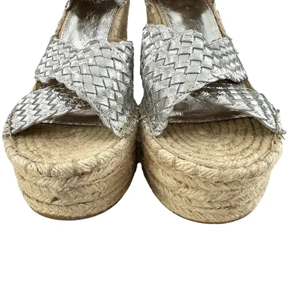 Marc Fisher Aylon Metallic Silver Espadrille Wedge Platform Sandals Size 9.5