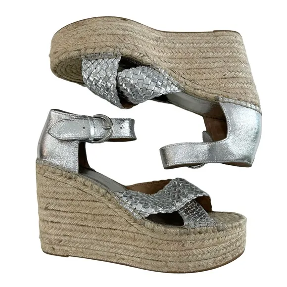 Marc Fisher Aylon Metallic Silver Espadrille Wedge Platform Sandals Size 9.5