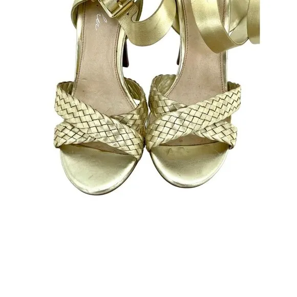 Marc Fisher Cari Gold Leather Open Toe High Heel Sandals Pumps Shoes SZ 7.5