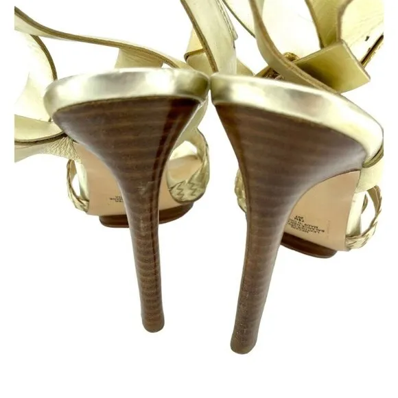 Marc Fisher Cari Gold Leather Open Toe High Heel Sandals Pumps Shoes SZ 7.5