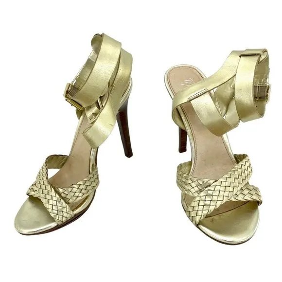 Marc Fisher Cari Gold Leather Open Toe High Heel Sandals Pumps Shoes SZ 7.5
