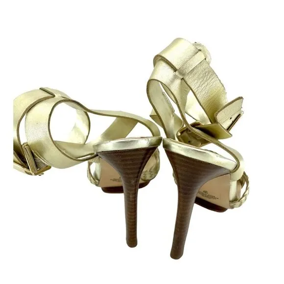 Marc Fisher Cari Gold Leather Open Toe High Heel Sandals Pumps Shoes SZ 7.5